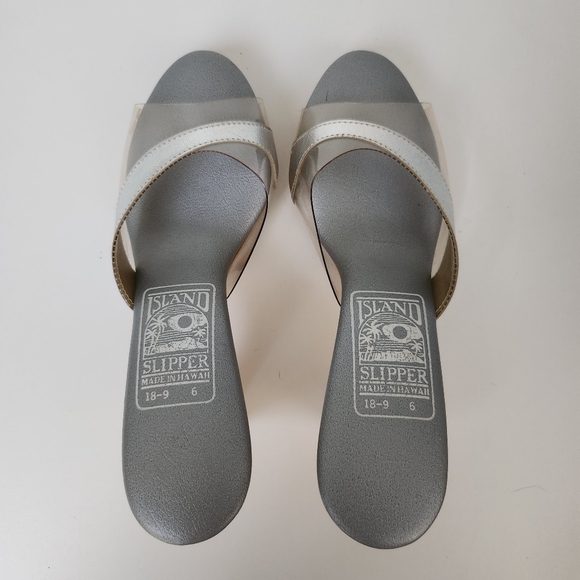 Vintage 1960s Island Slipper Wood Heel Sandals Silver Clear - Picture 2 of 6